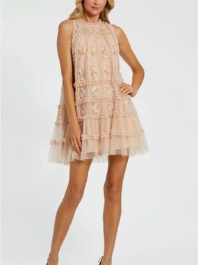 Mac Duggal Blush Pink Beige beaded ruffle Tulle Mini Dress size 2 NWT